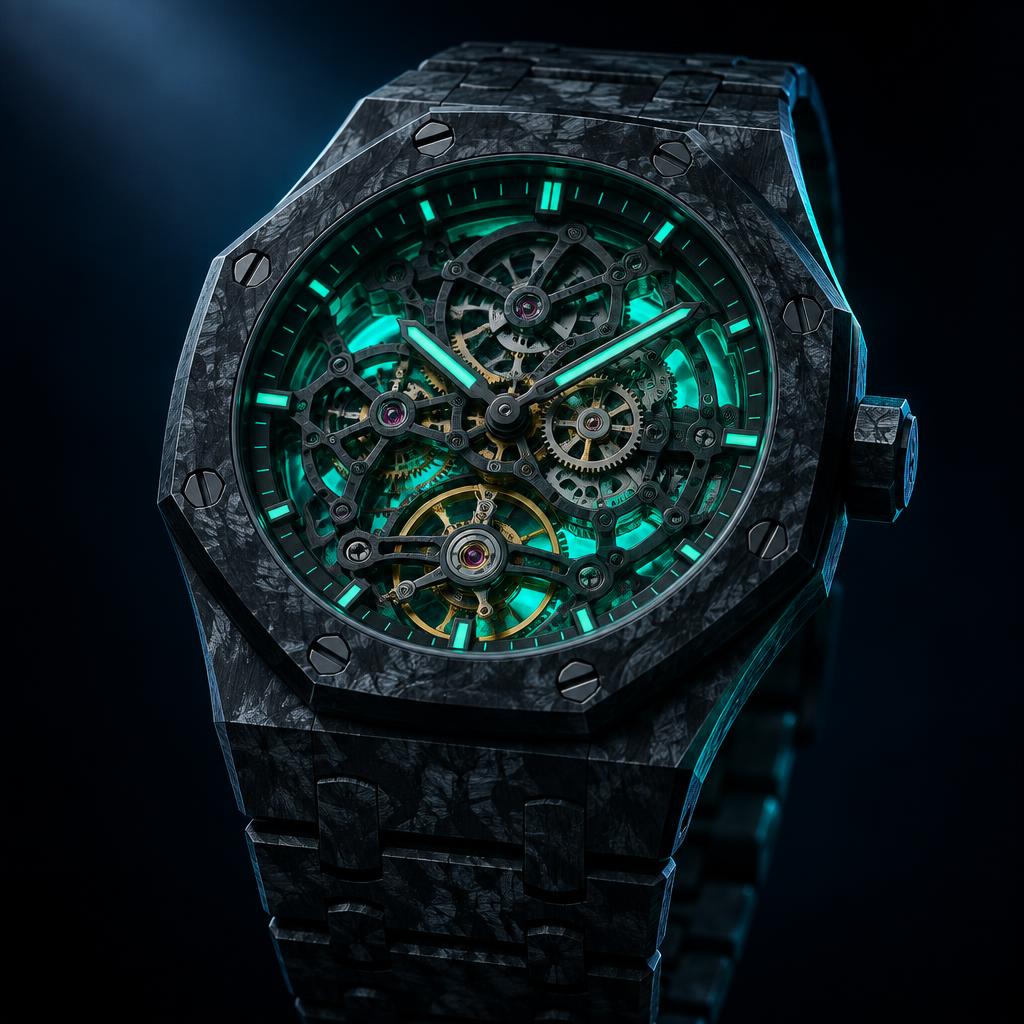 Skeleton automatic watch with carbon case and glowing core
