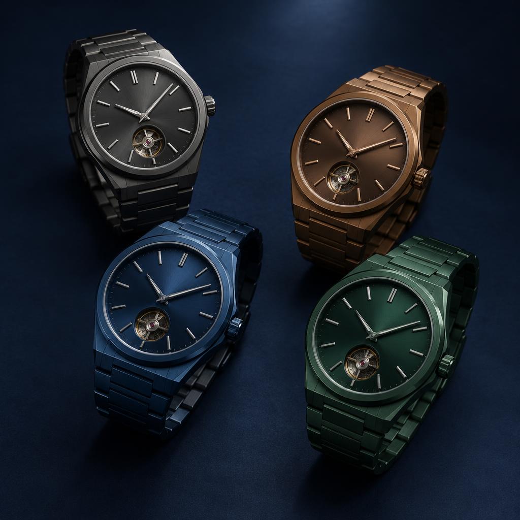 Four automatic watches in gunmetal, bronze, blue and green