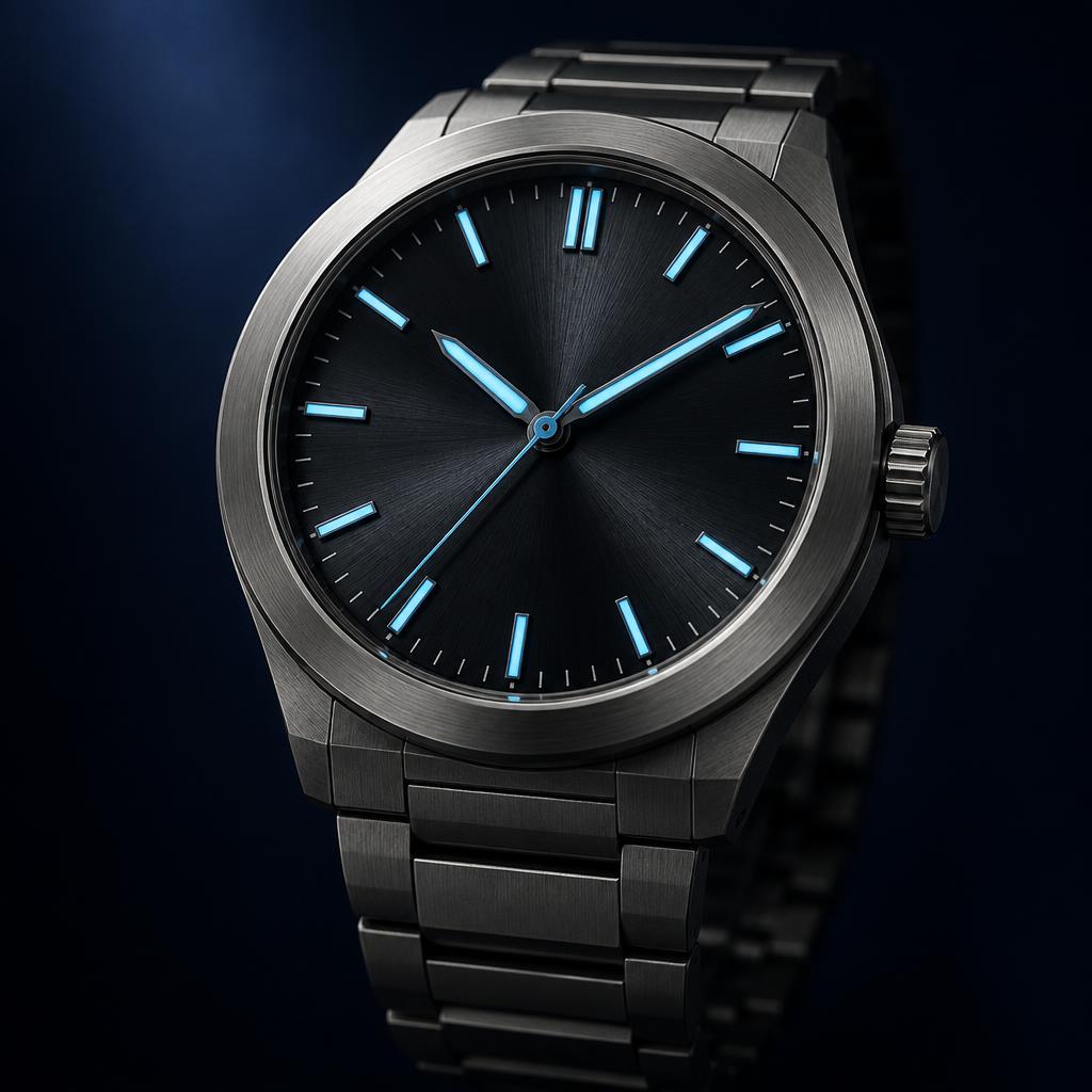 Limited edition titanium watch with blue lume on black dial
